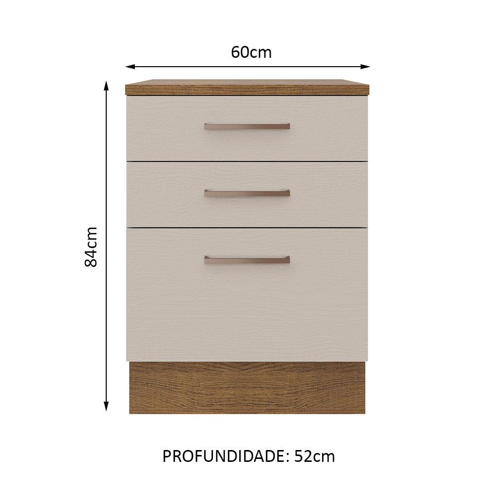 Balcão Armário de Cozinha 60 cm 3 Gavetas Rustic/Crema Agata Madesa
