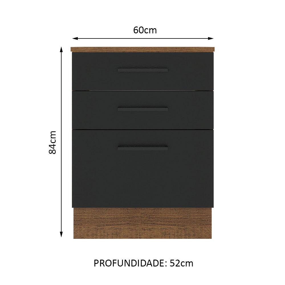 Balcão Armário de Cozinha 60 cm 3 Gavetas Rustic/Preto Agata Madesa