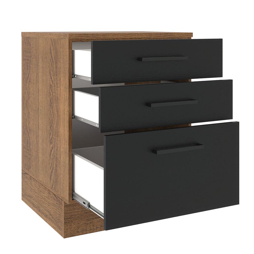 Balcão Armário de Cozinha 60 cm 3 Gavetas Rustic/Preto Agata Madesa