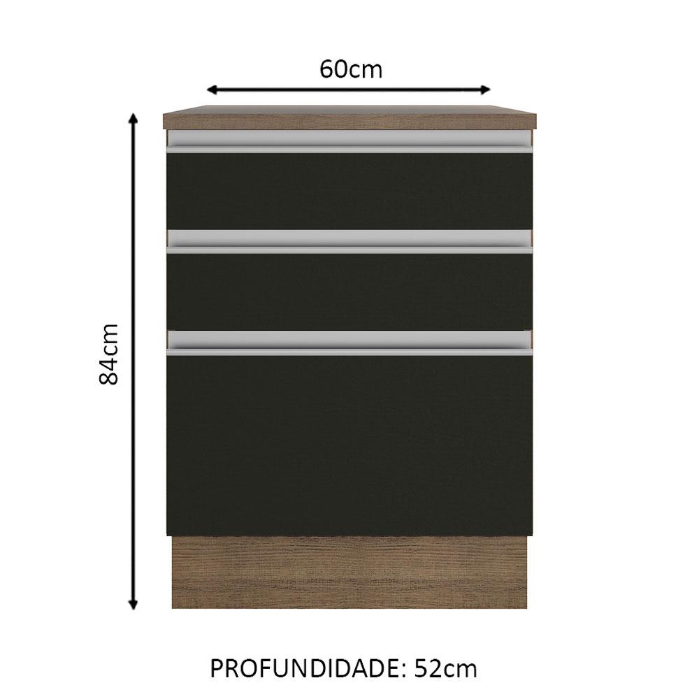 Balcão Armário de Cozinha 60 cm 3 Gavetas Rustic/Preto Glamy Madesa