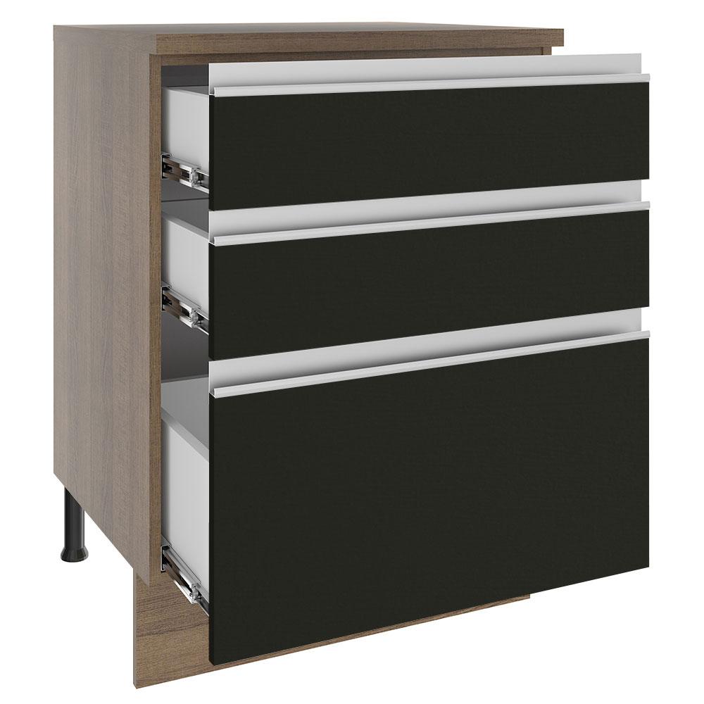 Balcão Armário de Cozinha 60 cm 3 Gavetas Rustic/Preto Glamy Madesa