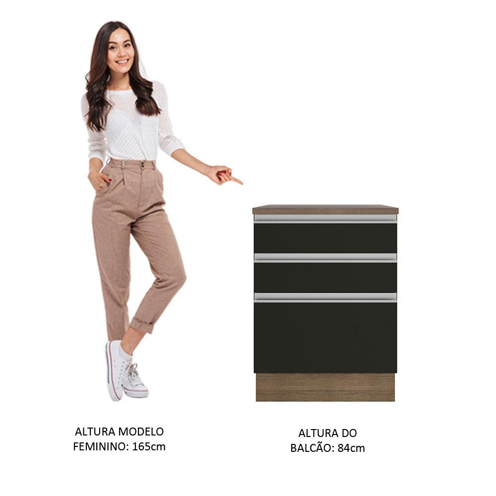 Balcão Armário de Cozinha 60 cm 3 Gavetas Rustic/Preto Glamy Madesa