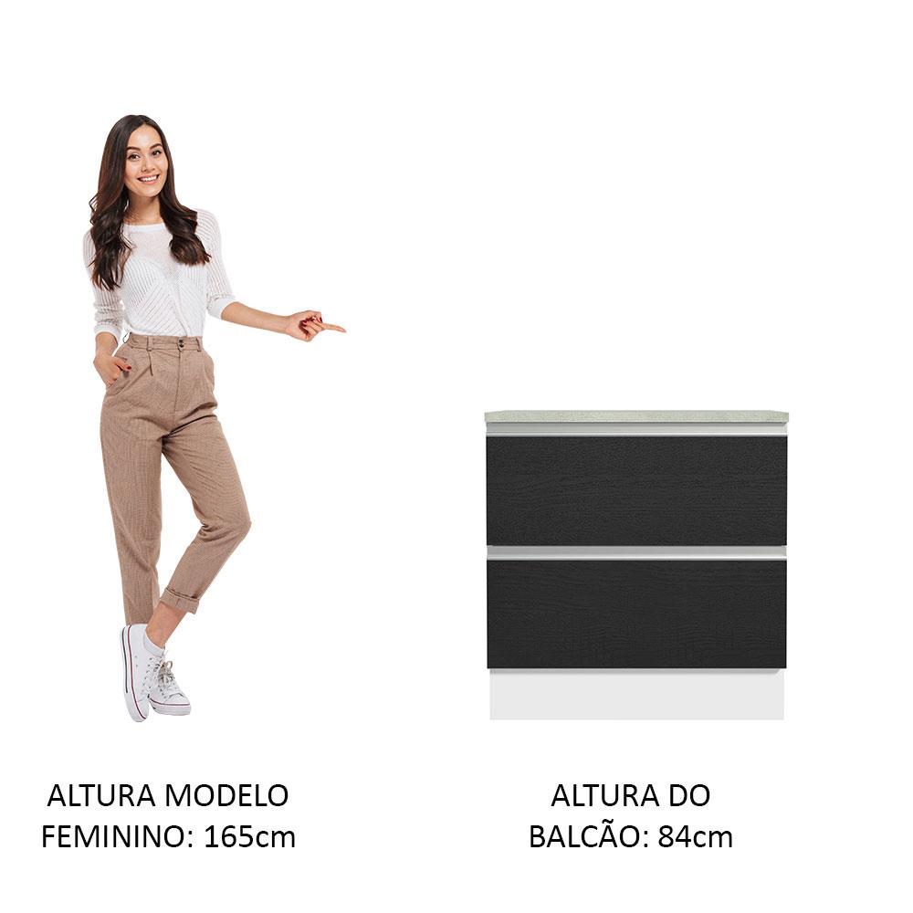 Balcão Armário de Cozinha 80 cm 2 Gavetas Branco/Preto Glamy Madesa