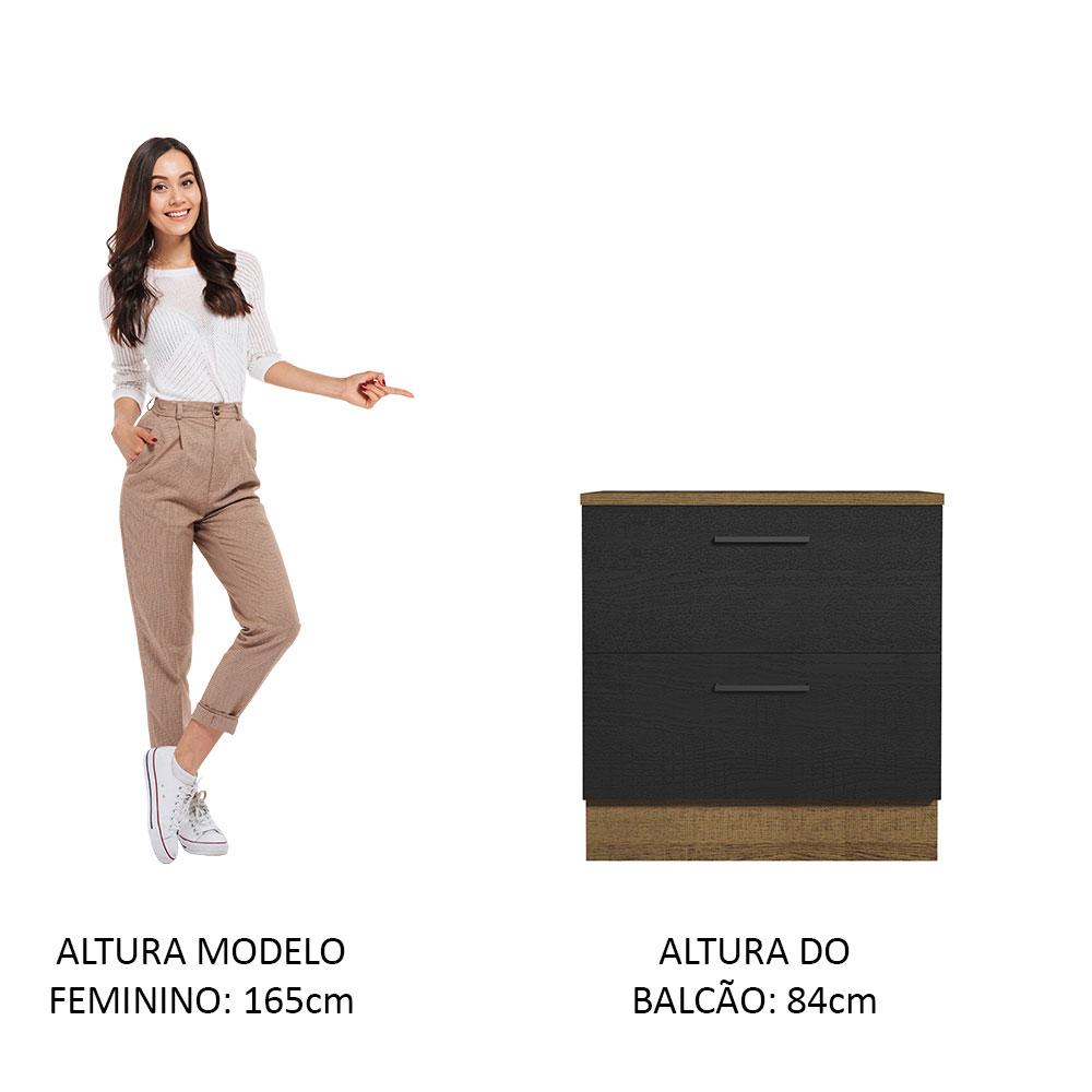 Balcão Armário de Cozinha 80 cm 2 Gavetas Rustic/Preto Agata Madesa