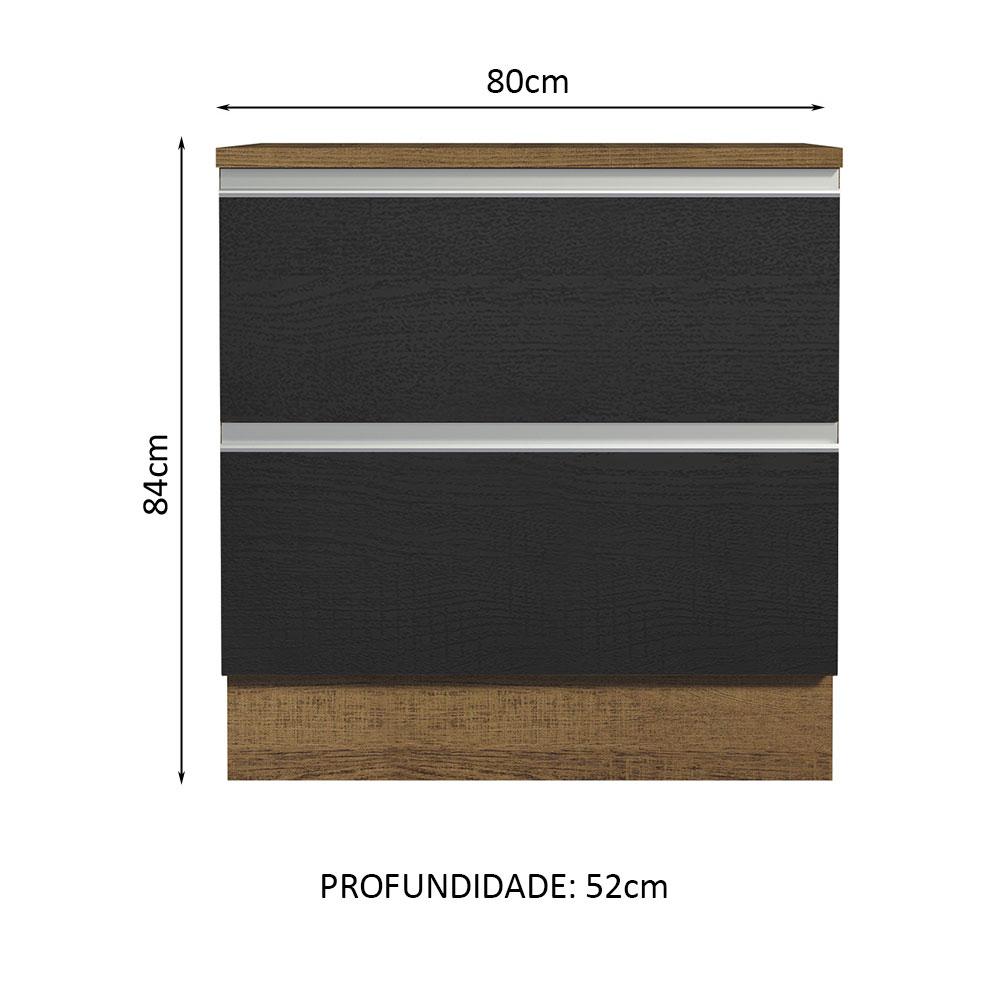 Balcão Armário de Cozinha 80 cm 2 Gavetas Rustic/Preto Glamy Madesa