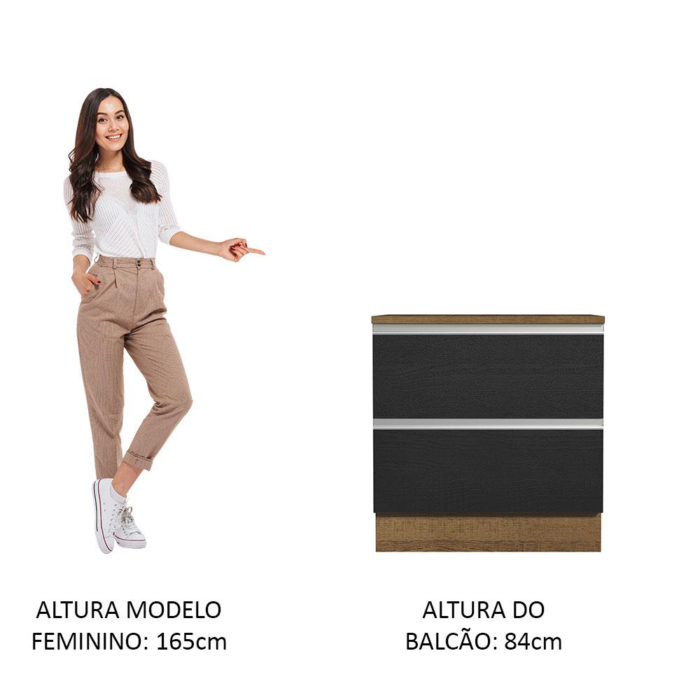 Balcão Armário de Cozinha 80 cm 2 Gavetas Rustic/Preto Glamy Madesa