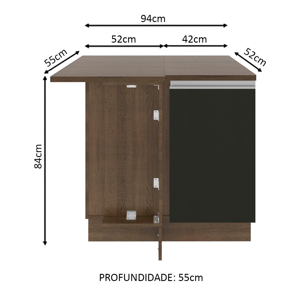 Balcão Armário de Cozinha de Canto 1 Porta Rustic/Preto Glamy Madesa