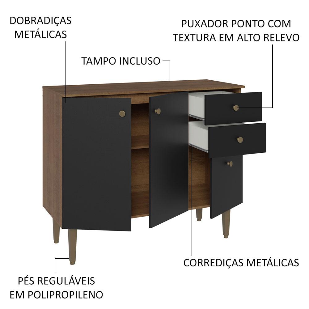 Balcão Gabinete 3 Portas 2 Gavetas Rustic/Preto Gourmet Madesa