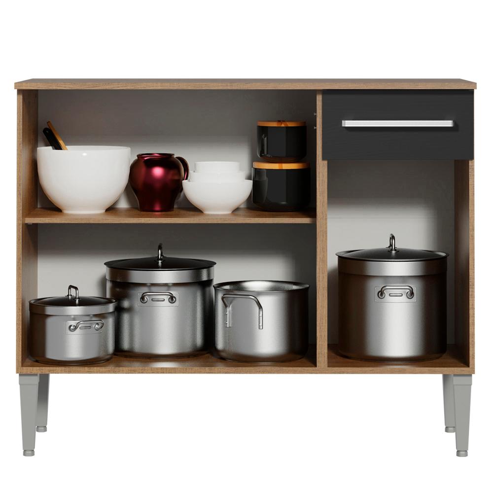 Balcão Gabinete Armário de Cozinha 3 Portas e 1 Gaveta Rustic/Preto Emilly Madesa