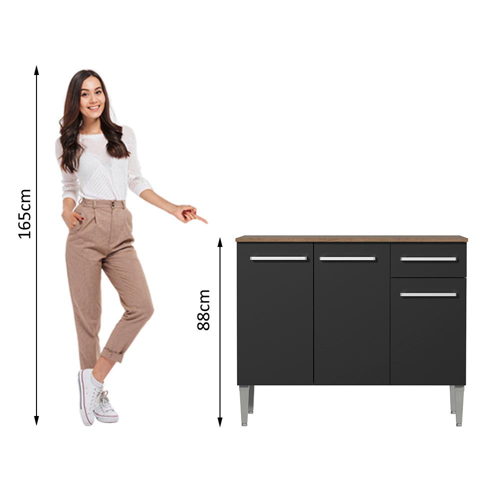 Balcão Gabinete Armário de Cozinha 3 Portas e 1 Gaveta Rustic/Preto Emilly Madesa