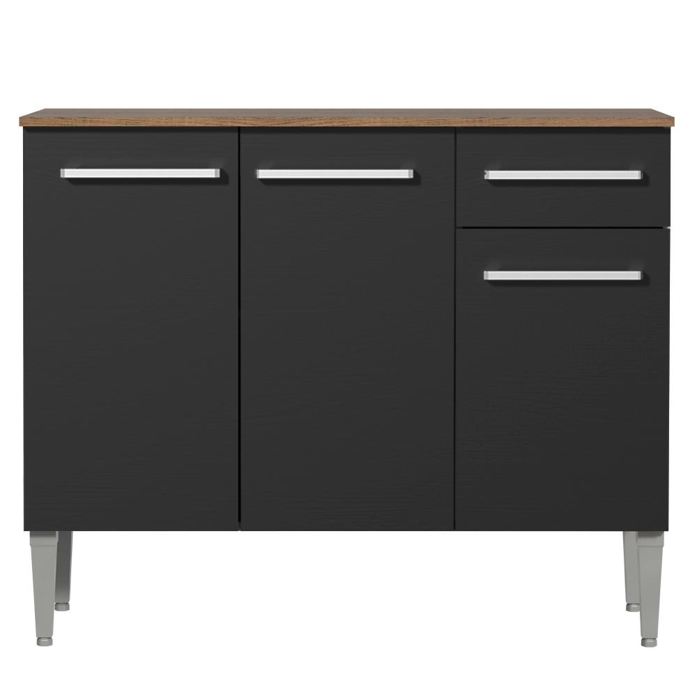 Balcão Gabinete Armário de Cozinha 3 Portas e 1 Gaveta Rustic/Preto Emilly Madesa