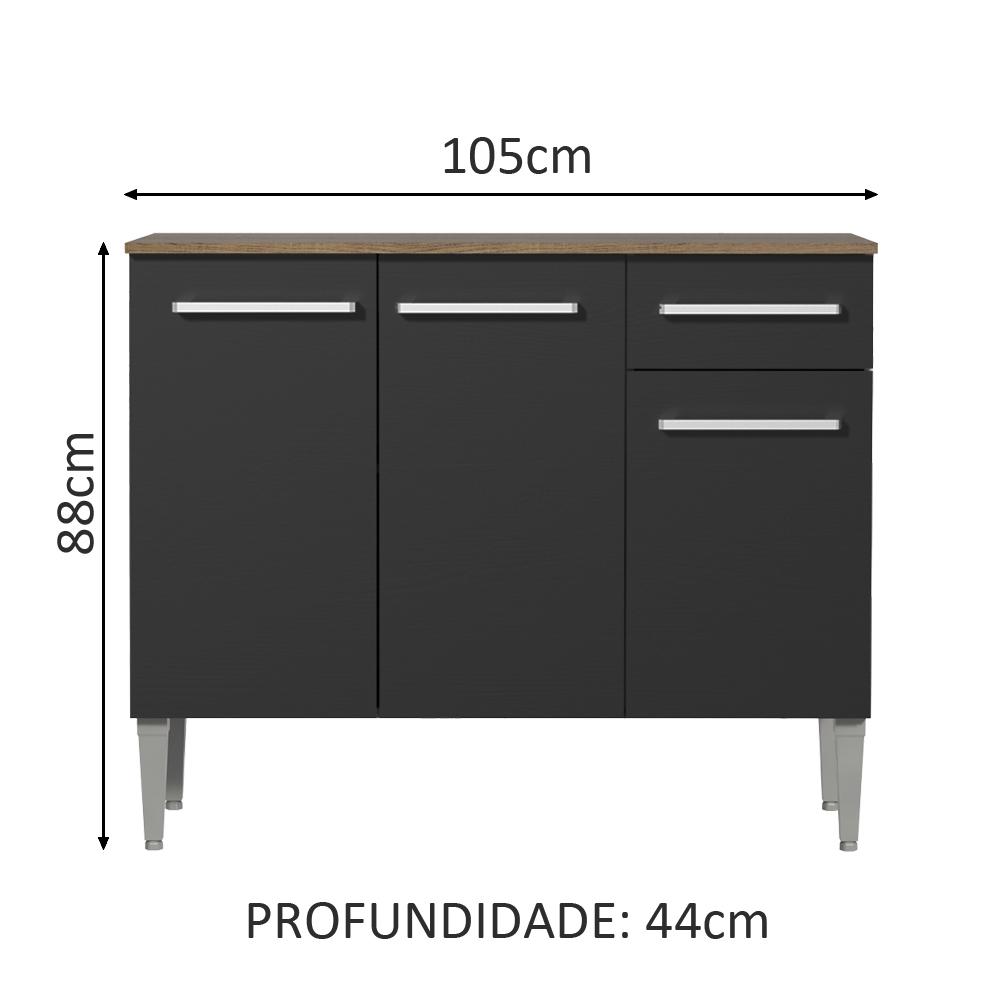 Balcão Gabinete Armário de Cozinha 3 Portas e 1 Gaveta Rustic/Preto Emilly Madesa