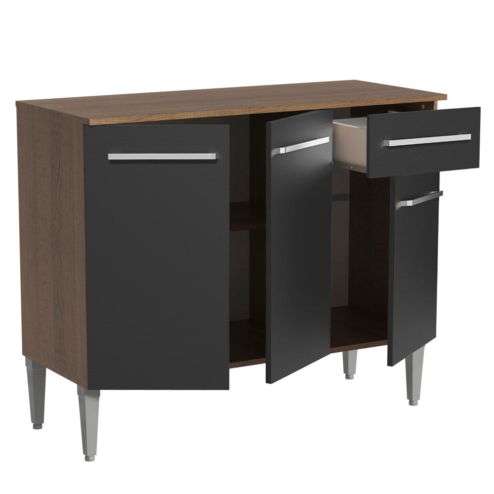 Balcão Gabinete Armário de Cozinha 3 Portas e 1 Gaveta Rustic/Preto Emilly Madesa