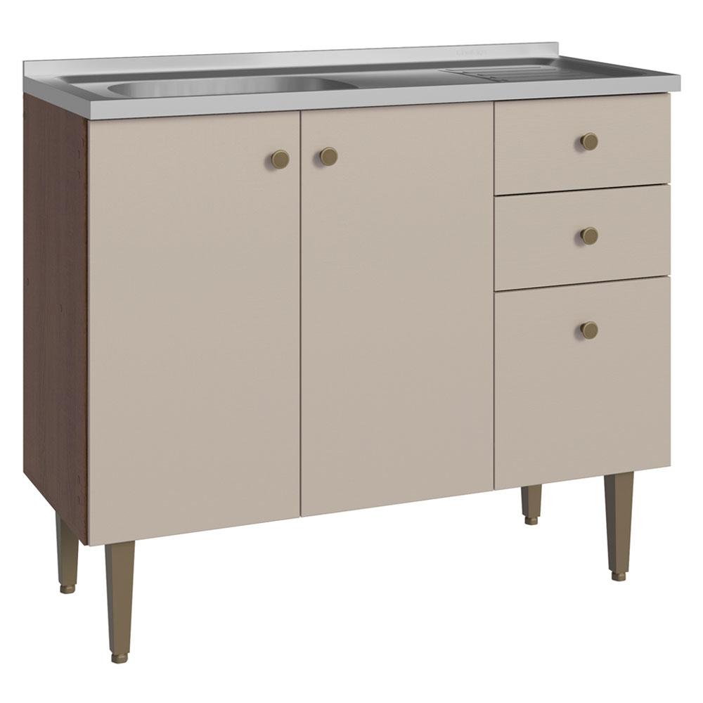 Balcão Gabinete com Pia 3 Portas e 2 Gavetas 105cm Rustic/Crema Gourmet Madesa