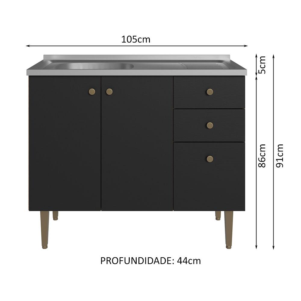 Balcão Gabinete com Pia 3 Portas e 2 Gavetas 105cm Rustic/Preto Gourmet Madesa