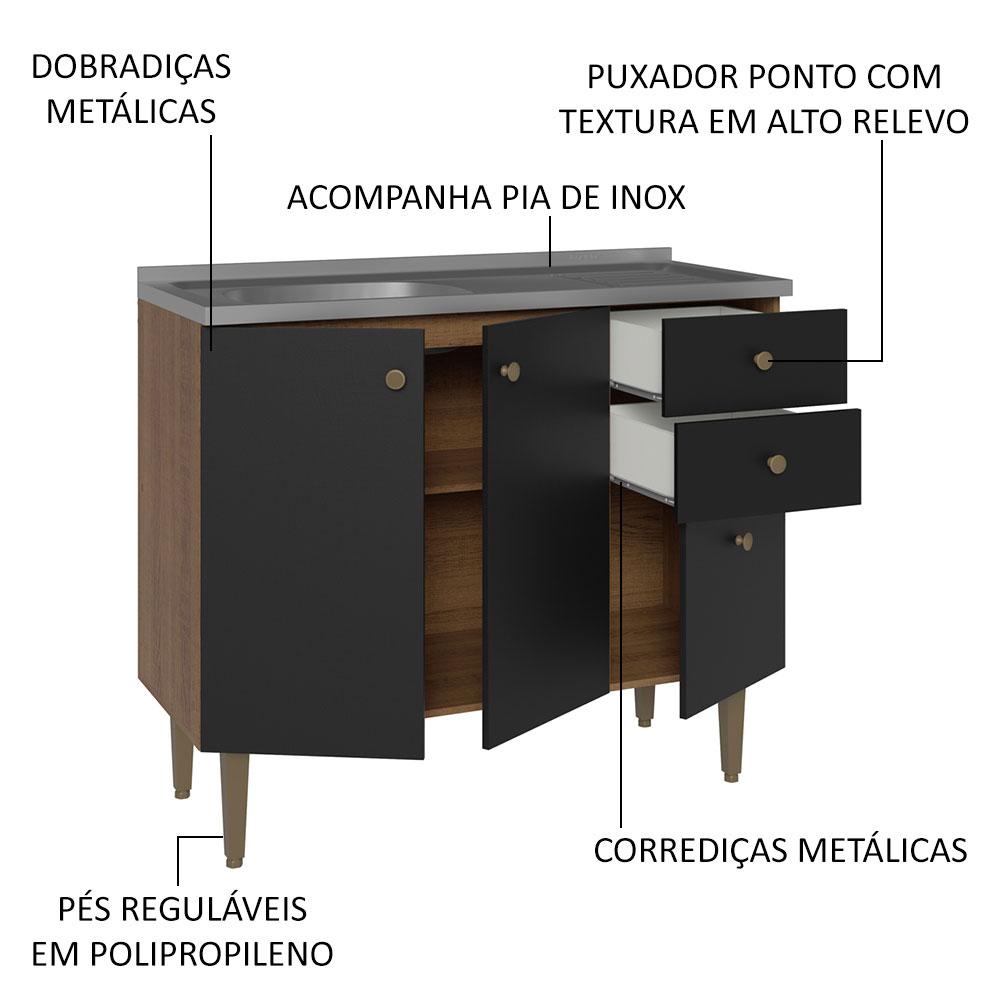 Balcão Gabinete com Pia 3 Portas e 2 Gavetas 105cm Rustic/Preto Gourmet Madesa