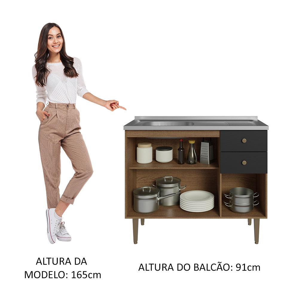 Balcão Gabinete com Pia 3 Portas e 2 Gavetas 105cm Rustic/Preto Gourmet Madesa