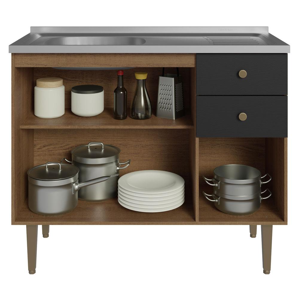 Balcão Gabinete com Pia 3 Portas e 2 Gavetas 105cm Rustic/Preto Gourmet Madesa