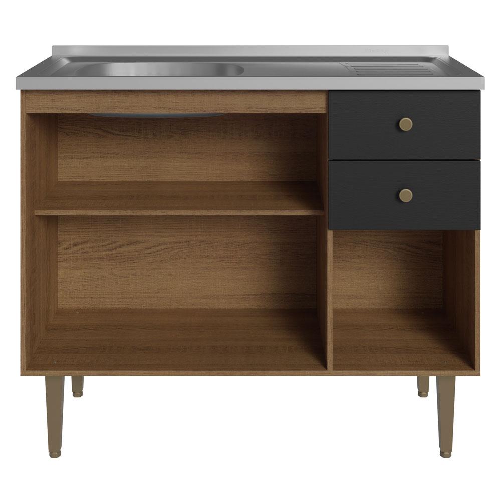 Balcão Gabinete com Pia 3 Portas e 2 Gavetas 105cm Rustic/Preto Gourmet Madesa