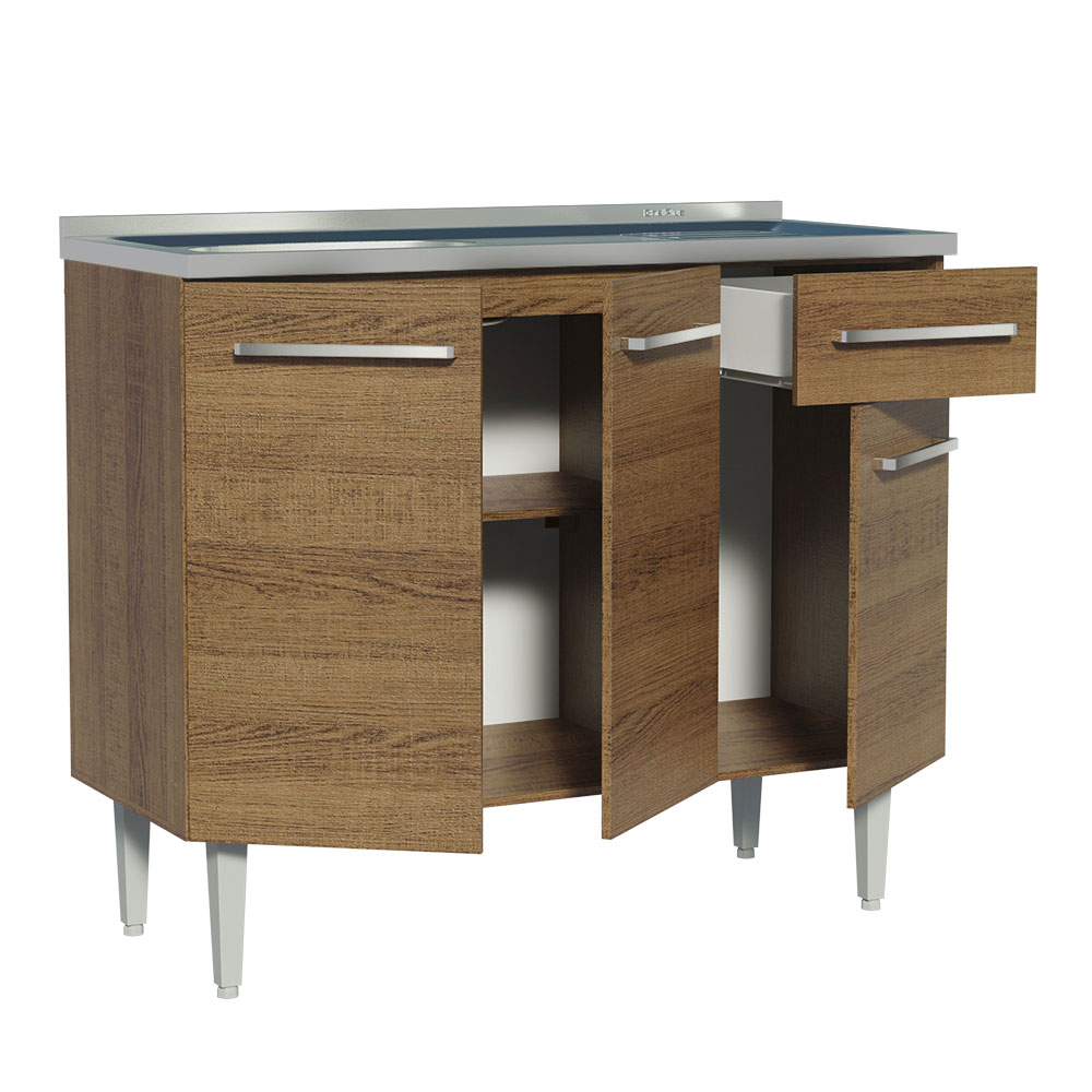 Balcão Gabinete com Pia Armário de Cozinha 3 Portas e 1 Gaveta 105cm Rustic Emilly Madesa