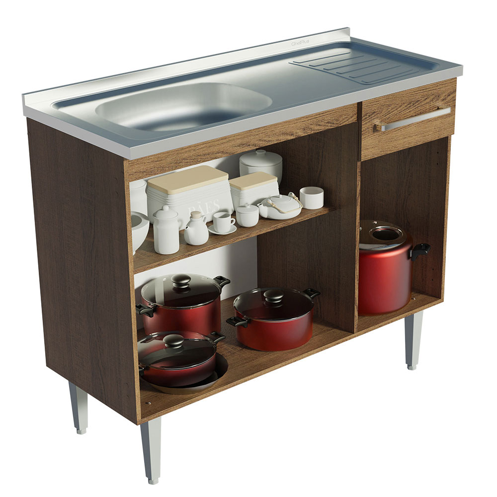 Balcão Gabinete com Pia Armário de Cozinha 3 Portas e 1 Gaveta 105cm Rustic Emilly Madesa