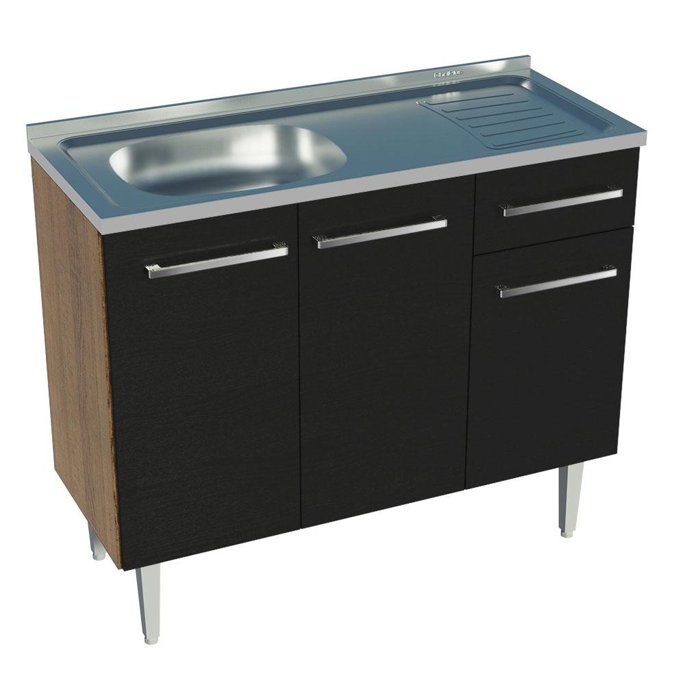 Balcão Gabinete com Pia Armário de Cozinha 3 Portas e 1 Gaveta 105cm Rustic/Preto Emilly Madesa