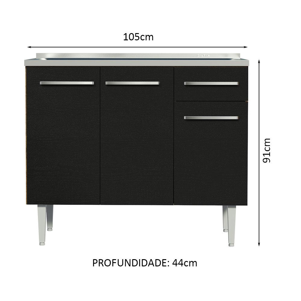 Balcão Gabinete com Pia Armário de Cozinha 3 Portas e 1 Gaveta 105cm Rustic/Preto Emilly Madesa