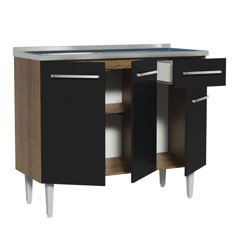 Balcão Gabinete com Pia Armário de Cozinha 3 Portas e 1 Gaveta 105cm Rustic/Preto Emilly Madesa