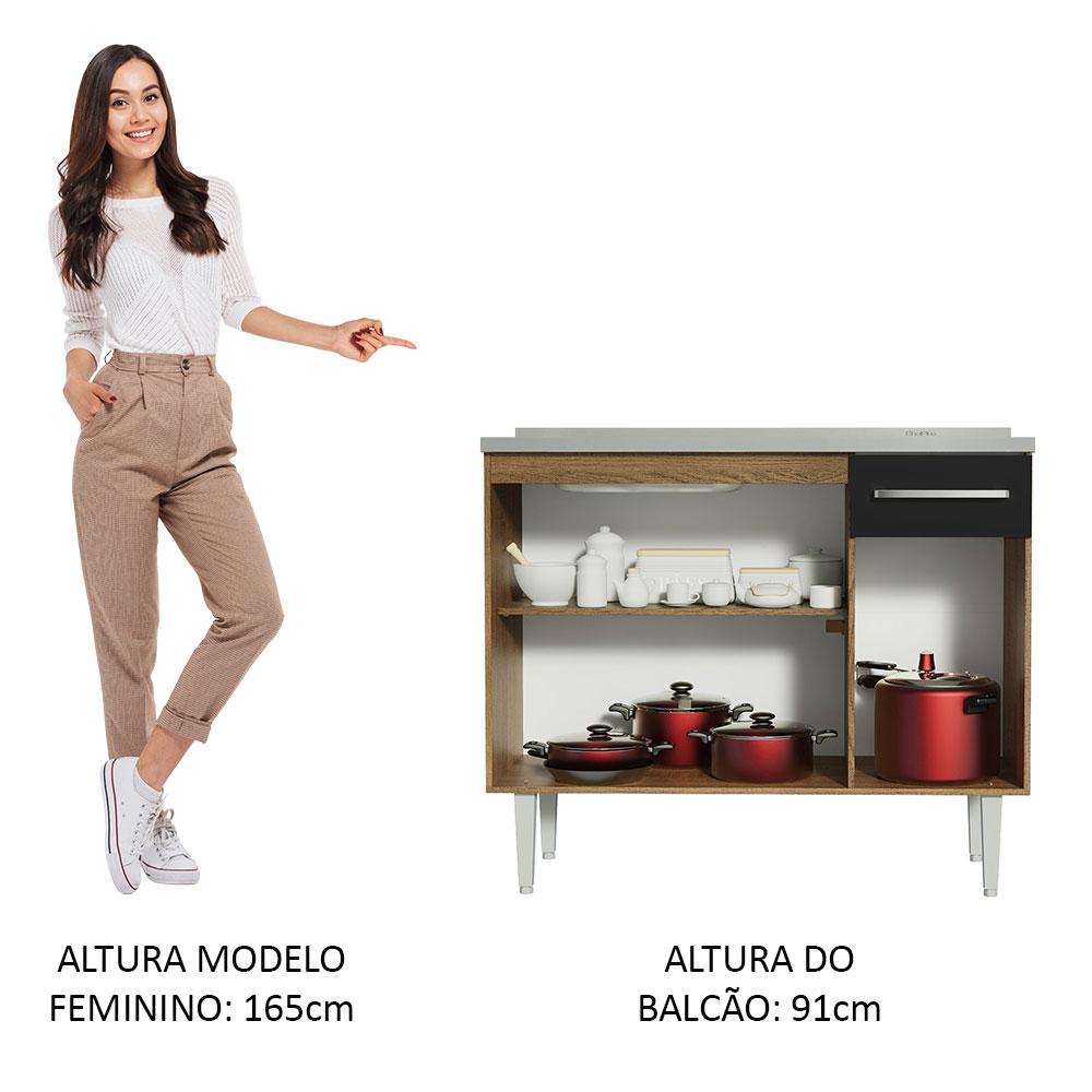 Balcão Gabinete com Pia Armário de Cozinha 3 Portas e 1 Gaveta 105cm Rustic/Preto Emilly Madesa