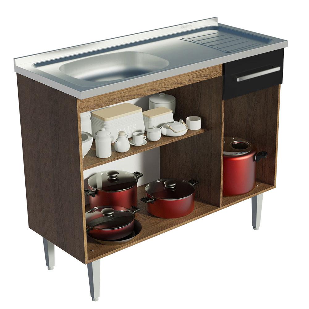 Balcão Gabinete com Pia Armário de Cozinha 3 Portas e 1 Gaveta 105cm Rustic/Preto Emilly Madesa