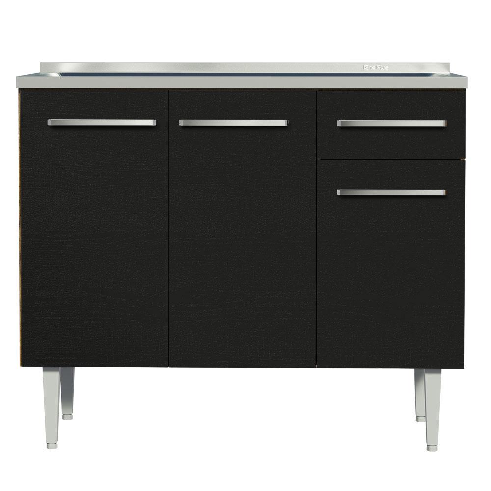 Balcão Gabinete com Pia Armário de Cozinha 3 Portas e 1 Gaveta 105cm Rustic/Preto Emilly Madesa