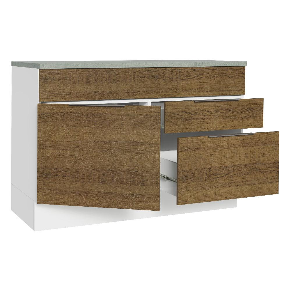 Balcão Gabinete de Pia 120 cm 1 Portas e 2 Gavetas (Com Tampo) Branco/Rustic Stella Madesa