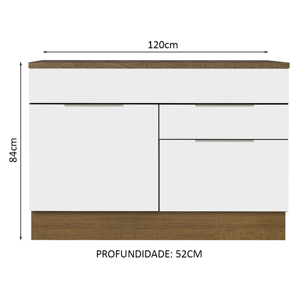 Balcão Gabinete de Pia 120 cm 1 Portas e 2 Gavetas (Com Tampo) Rustic/Branco Stella Madesa
