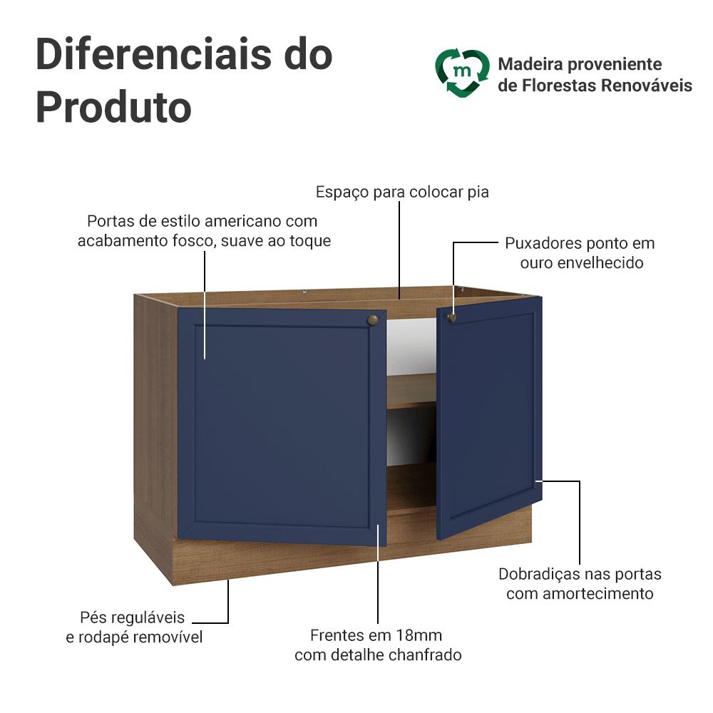 Balcão Gabinete de Pia 120 cm (Sem Tampo) Rustic/Azul Vik Madesa