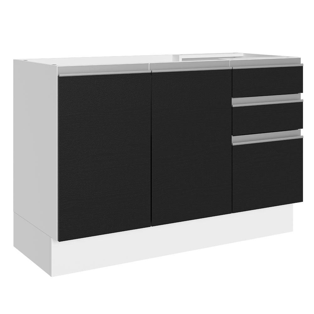 Balcão Gabinete de Pia Armário de Cozinha 100% MDF 120 cm 3 Portas 2 Gavetas Branco/Preto Acordes Madesa