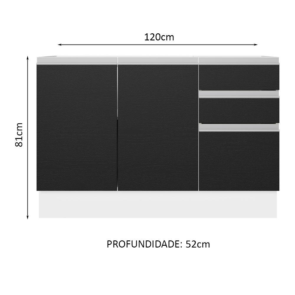 Balcão Gabinete de Pia Armário de Cozinha 100% MDF 120 cm 3 Portas 2 Gavetas Branco/Preto Acordes Madesa