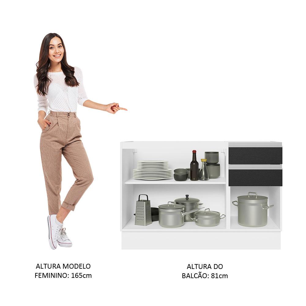 Balcão Gabinete de Pia Armário de Cozinha 100% MDF 120 cm 3 Portas 2 Gavetas Branco/Preto Acordes Madesa