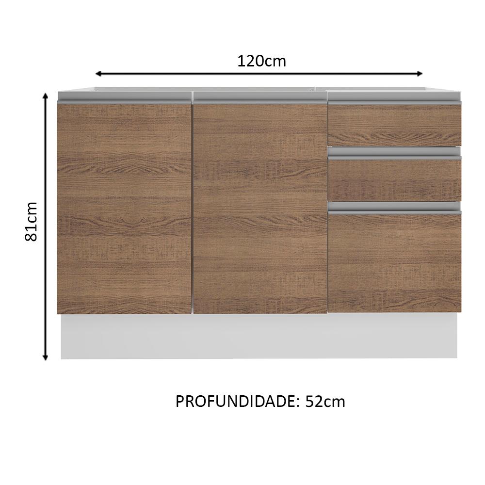 Balcão Gabinete de Pia Armário de Cozinha 100% MDF 120 cm 3 Portas e 2 Gavetas Branco/Rustic Acordes Madesa