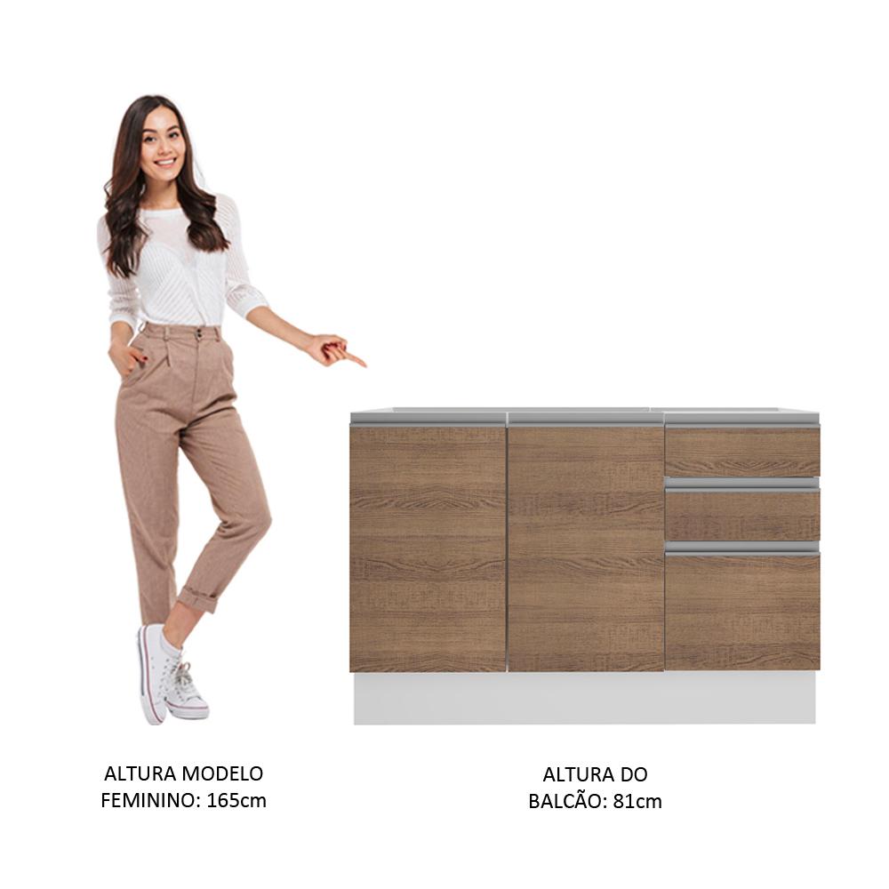 Balcão Gabinete de Pia Armário de Cozinha 100% MDF 120 cm 3 Portas e 2 Gavetas Branco/Rustic Acordes Madesa