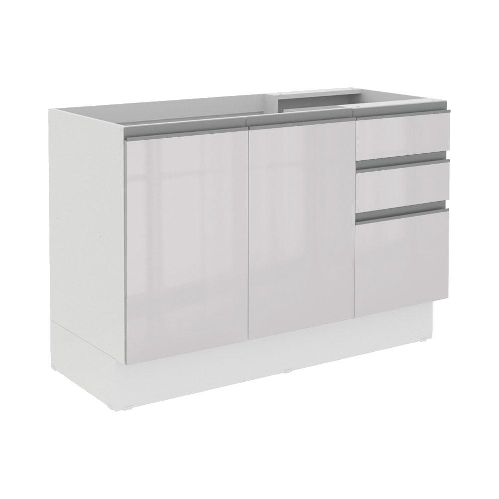 Balcão Gabinete de Pia Armário de Cozinha 100% MDF 120 cm 3 Portas e 2 Gavetas Portas Branco Brilho Acordes Madesa