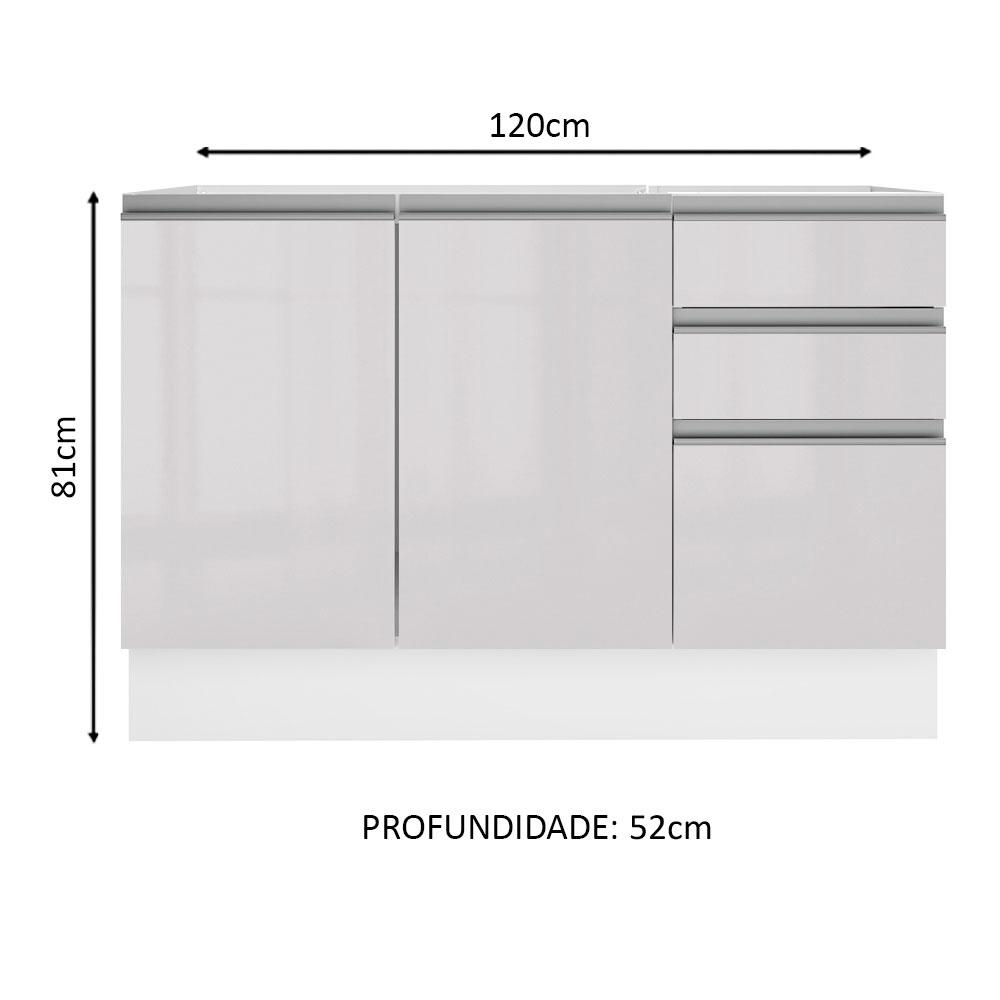 Balcão Gabinete de Pia Armário de Cozinha 100% MDF 120 cm 3 Portas e 2 Gavetas Portas Branco Brilho Acordes Madesa