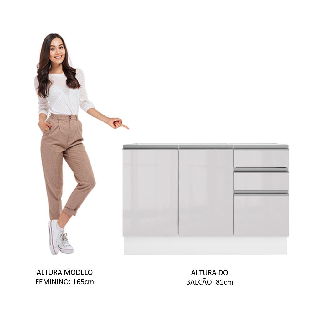Balcão Gabinete de Pia Armário de Cozinha 100% MDF 120 cm 3 Portas e 2 Gavetas Portas Branco Brilho Acordes Madesa