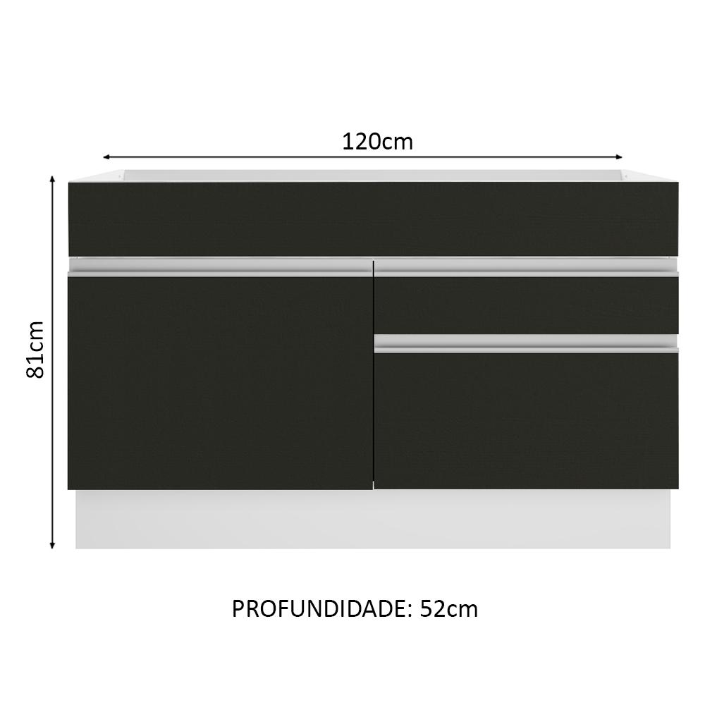 Balcão Gabinete de Pia Armário de Cozinha 120 cm 1 Porta 2 Gavetas Branco/Preto Glamy Madesa