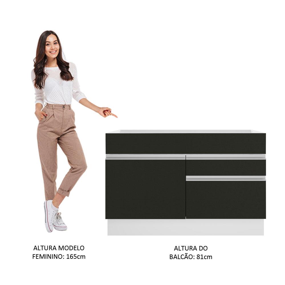 Balcão Gabinete de Pia Armário de Cozinha 120 cm 1 Porta 2 Gavetas Branco/Preto Glamy Madesa