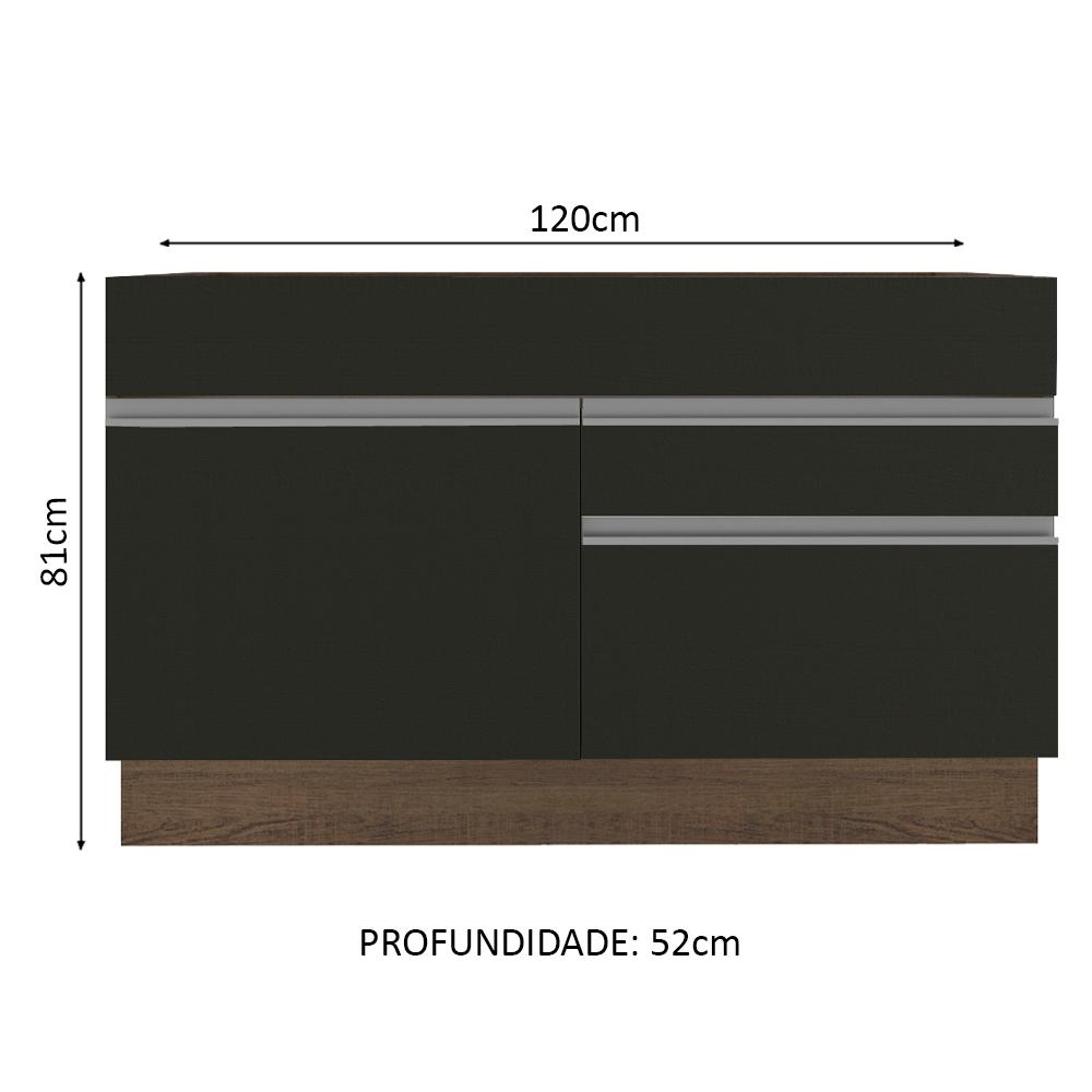 Balcão Gabinete de Pia Armário de Cozinha 120 cm 1 Porta 2 Gavetas Rustic/Preto Glamy Madesa