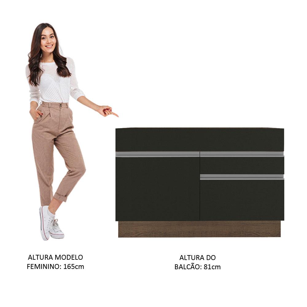 Balcão Gabinete de Pia Armário de Cozinha 120 cm 1 Porta 2 Gavetas Rustic/Preto Glamy Madesa