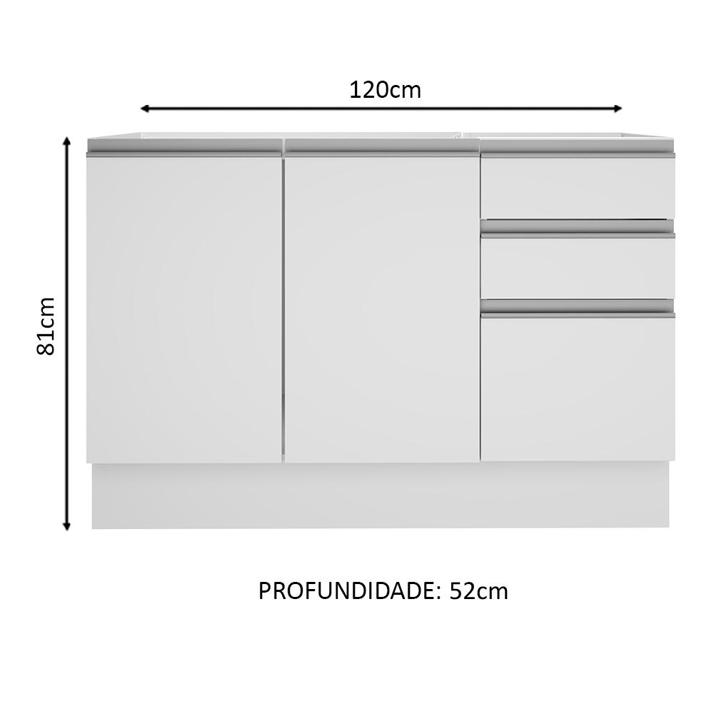Balcão Gabinete de Pia Armário de Cozinha 120 cm 2 Portas e 3 Gavetas Branco Glamy Madesa