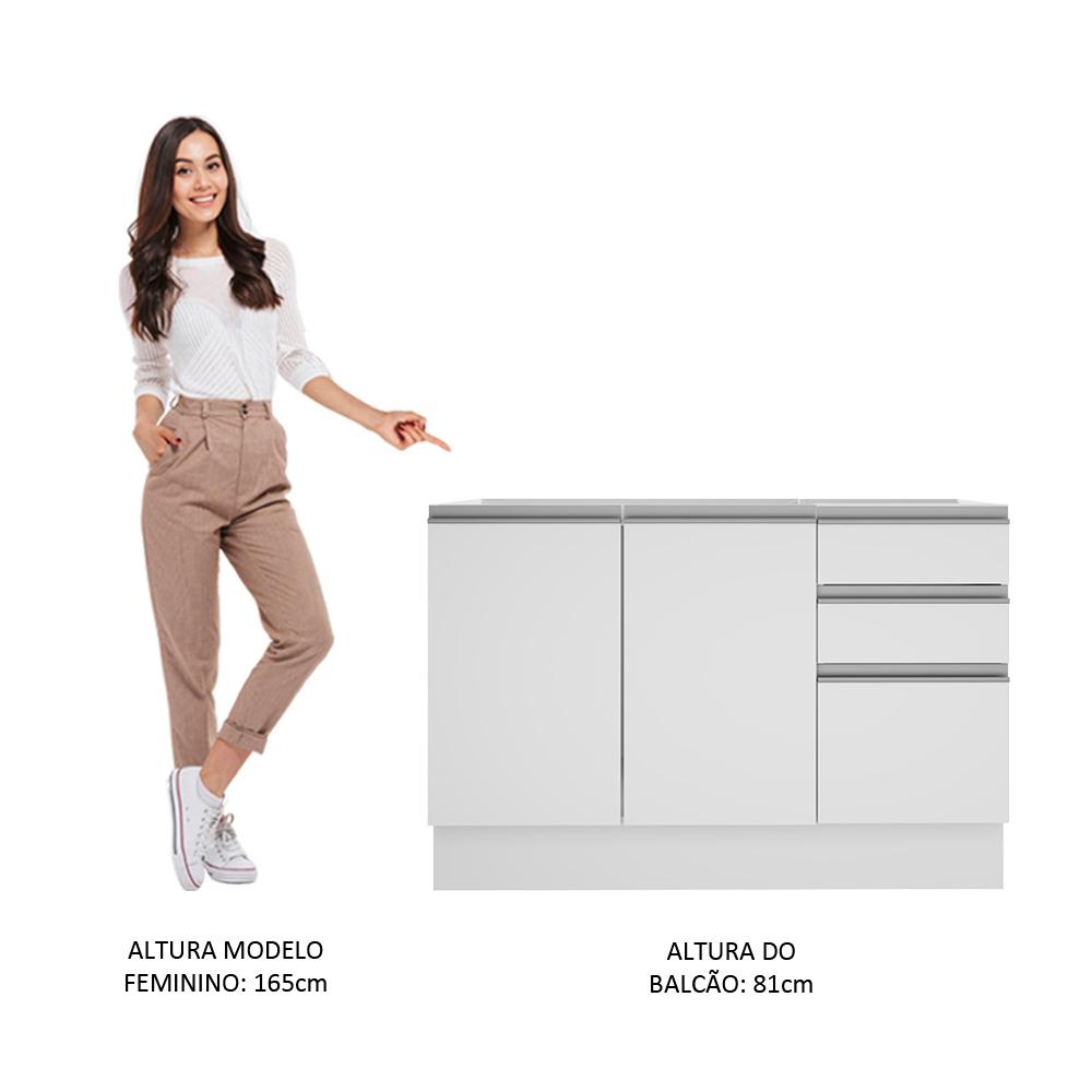 Balcão Gabinete de Pia Armário de Cozinha 120 cm 2 Portas e 3 Gavetas Branco Glamy Madesa