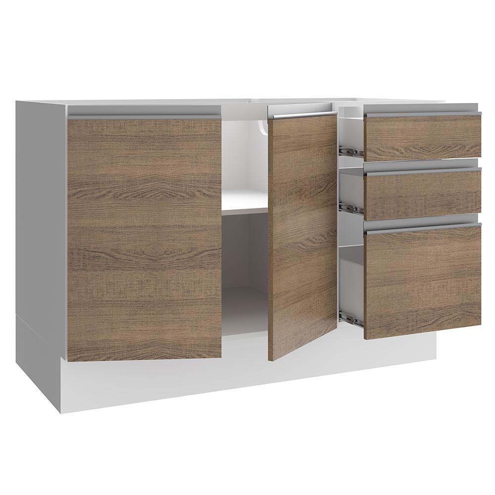 Balcão Gabinete de Pia Armário de Cozinha 120 cm 2 Portas e 3 Gavetas Branco/Rustic Glamy Madesa