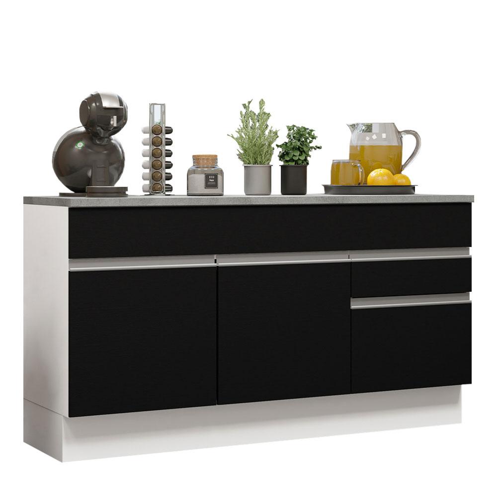 Balcão Gabinete de Pia Armário de Cozinha 150 cm 2 Gavetas 2 Portas (Com Tampo) Branco/Preto Glamy Madesa
